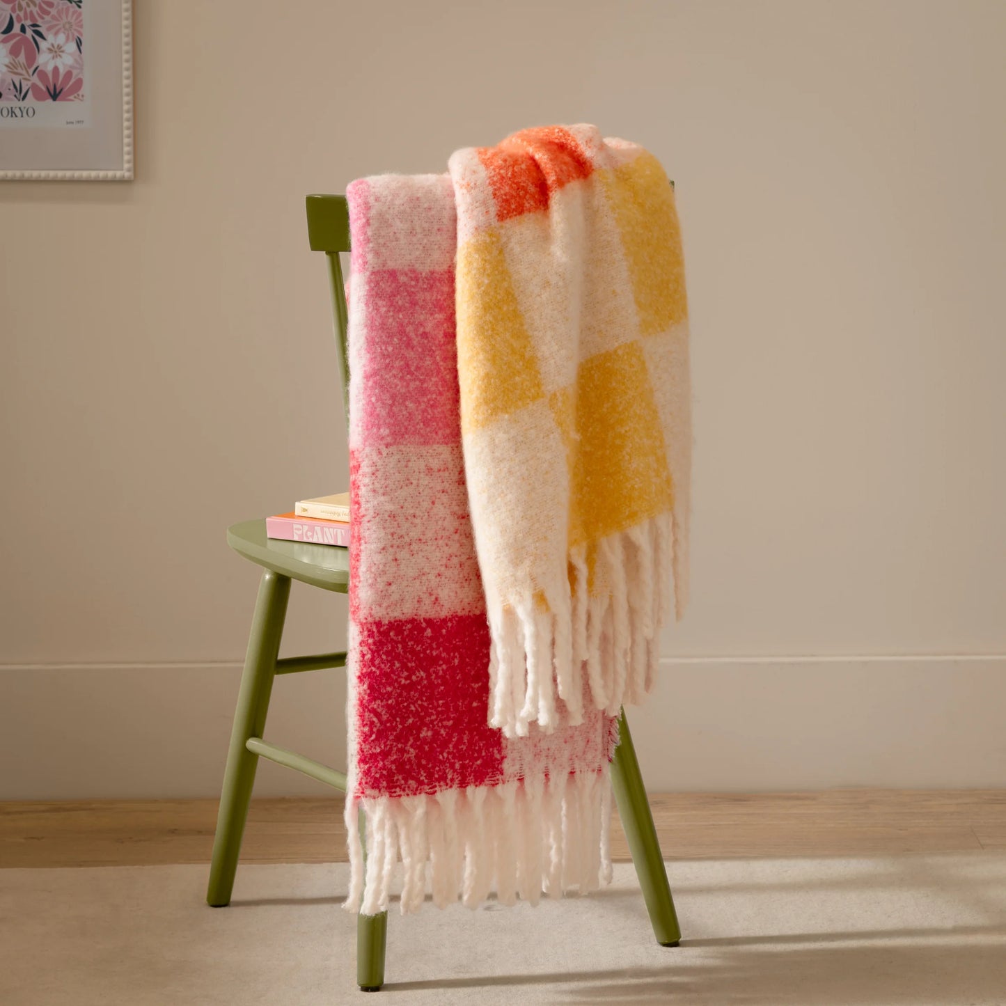 Maisie Checked Tasselled Throw - Citrus Blush