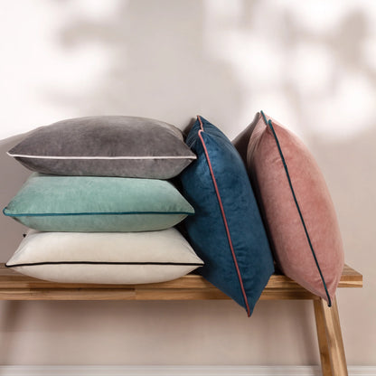 Large Piped Velvet Cushion in Blush & Teal