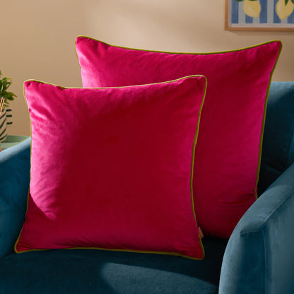 Small Piped Velvet Cushion – Hot Pink with Lime Trim