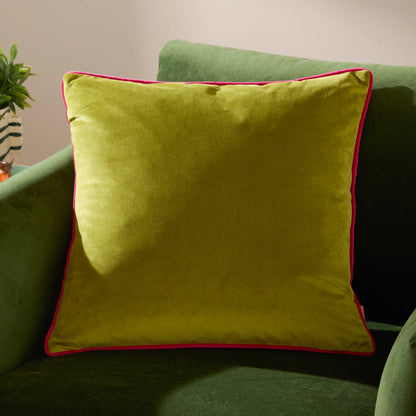 Small Piped Velvet Cushion –  Lime with Hot Pink Trim