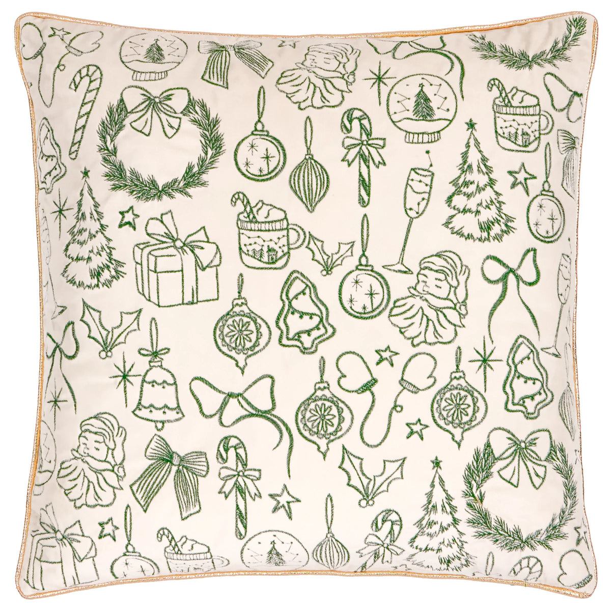 Merry Christmas Gold Piped Velvet Cushion - Ecru/Dark Green
