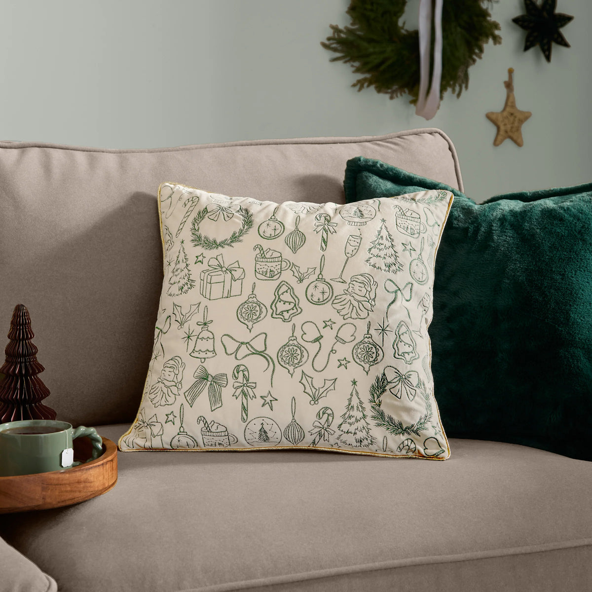 Merry Christmas Gold Piped Velvet Cushion - Ecru/Dark Green