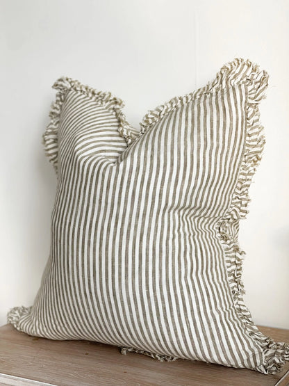 Large Olive Stripe Ruffle Linen Cushion