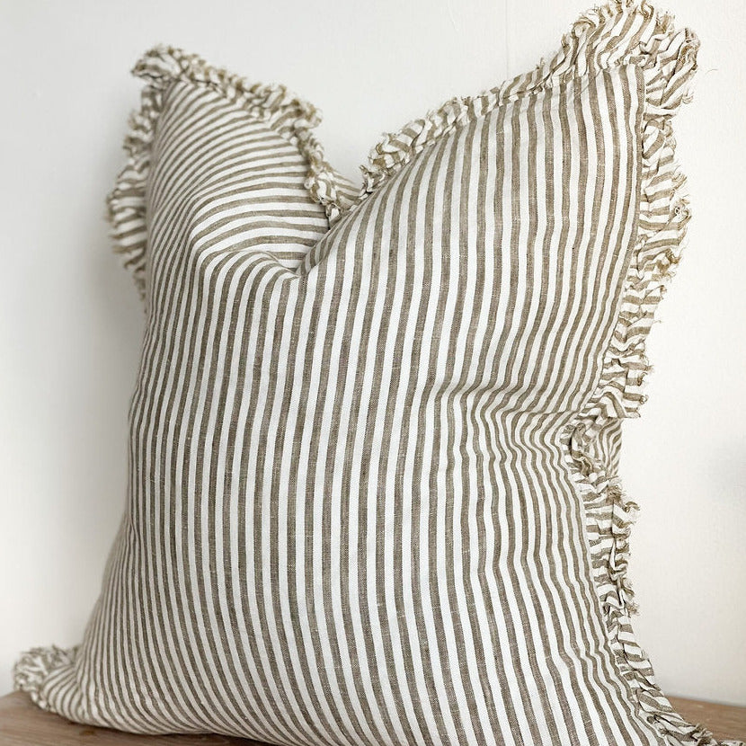 Olive Stripe Ruffled Linen Cushion