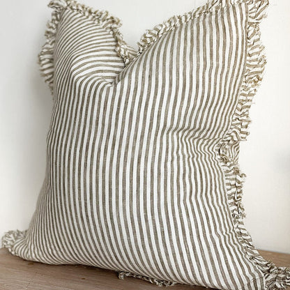 Olive Stripe Ruffled Linen Cushion