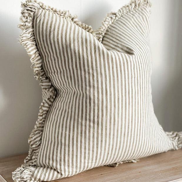 Olive Stripe Ruffled Linen Cushion