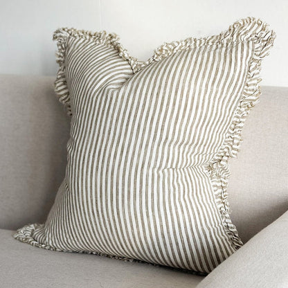 Olive Stripe Ruffled Linen Cushion