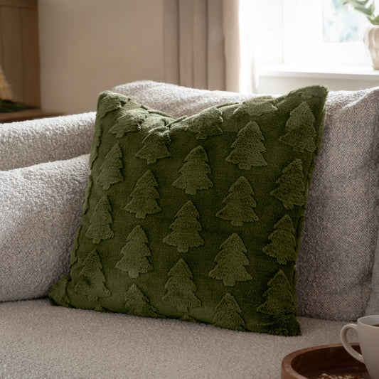 Forest Green Faux Fur Pine Trees Cushion