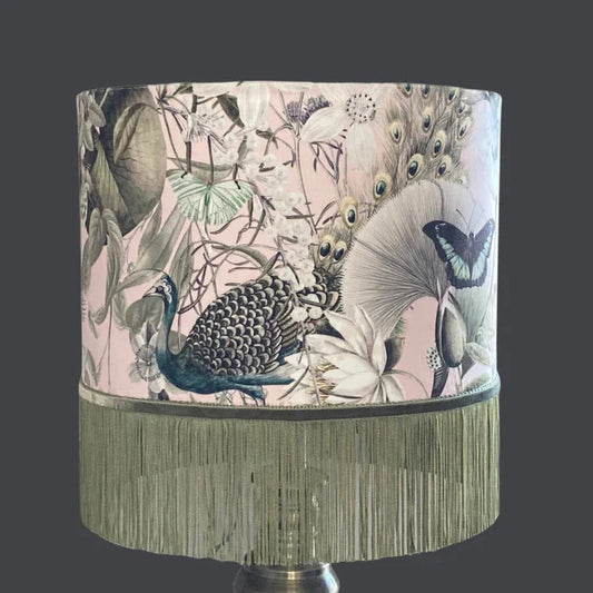 Pink Peacock Velvet lampshade with Green Fringe