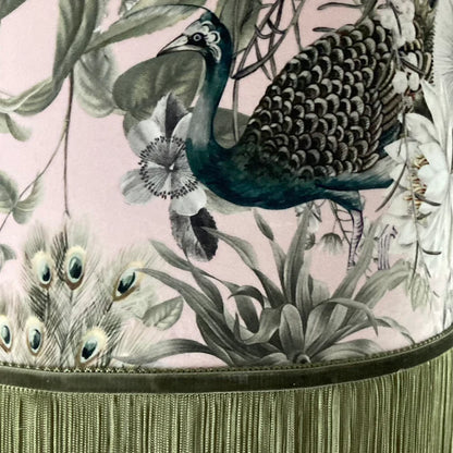 Pink Peacock Velvet lampshade with Green Fringe