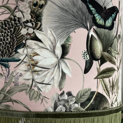 Pink Peacock Velvet lampshade with Green Fringe