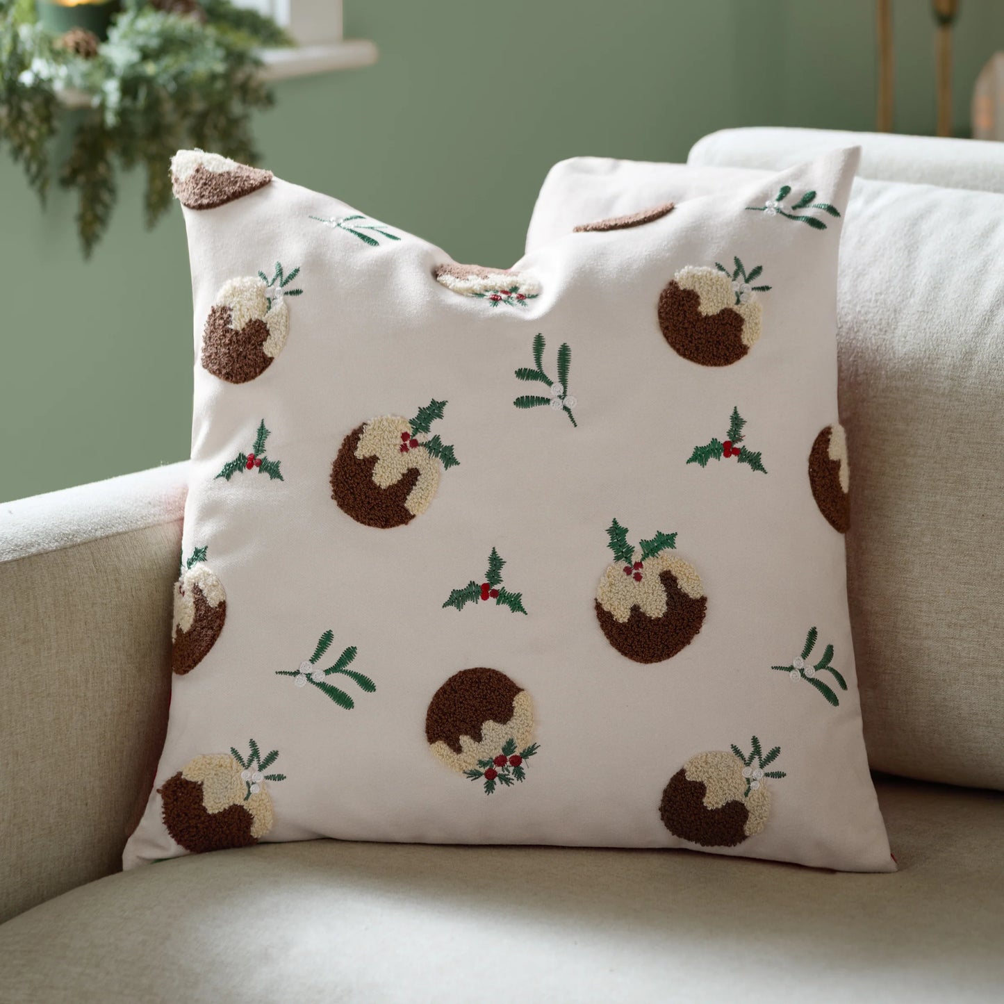 Christmas Puddings Tufted Velvet Cushion
