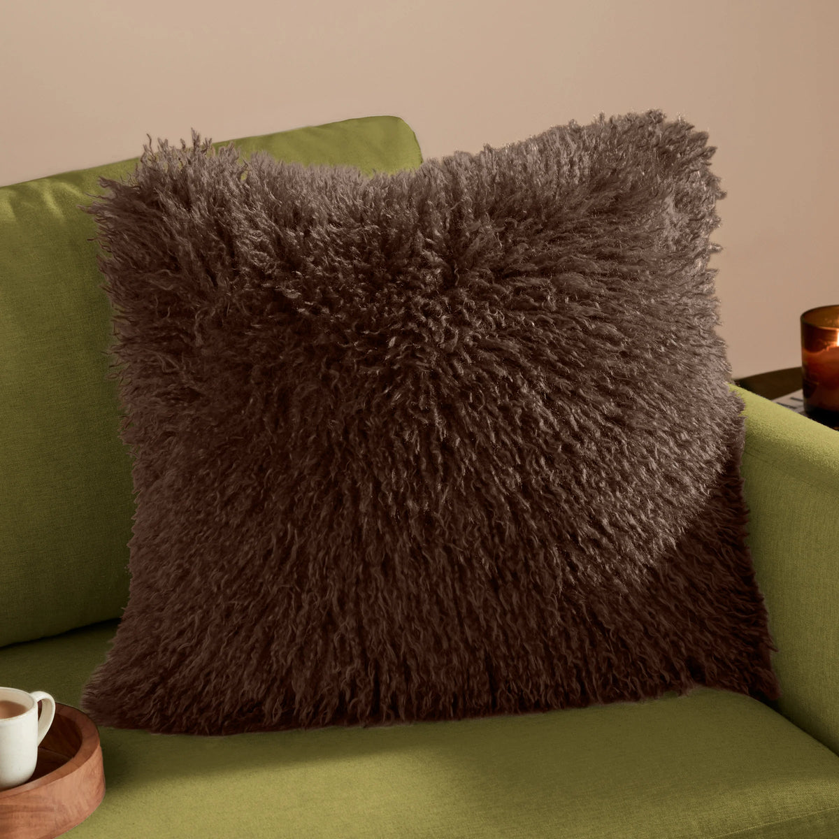Rowan Shaggy Faux Fur Cushion - Chocolate