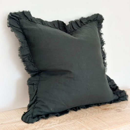 Pine Green Ruffled Linen Cushion