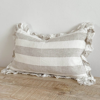 Rectangle Beige & Cream Wide Stripe Ruffled Linen Cushion