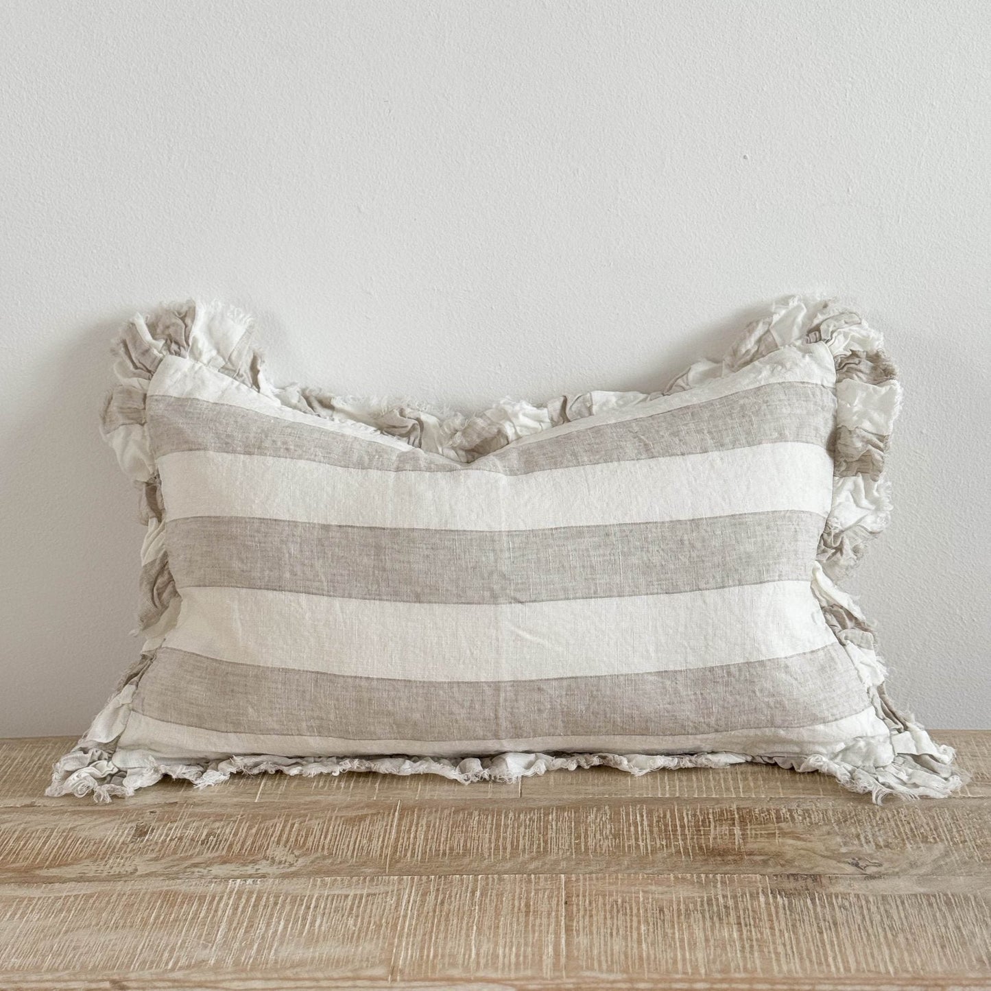 Rectangle Beige & Cream Wide Stripe Ruffled Linen Cushion