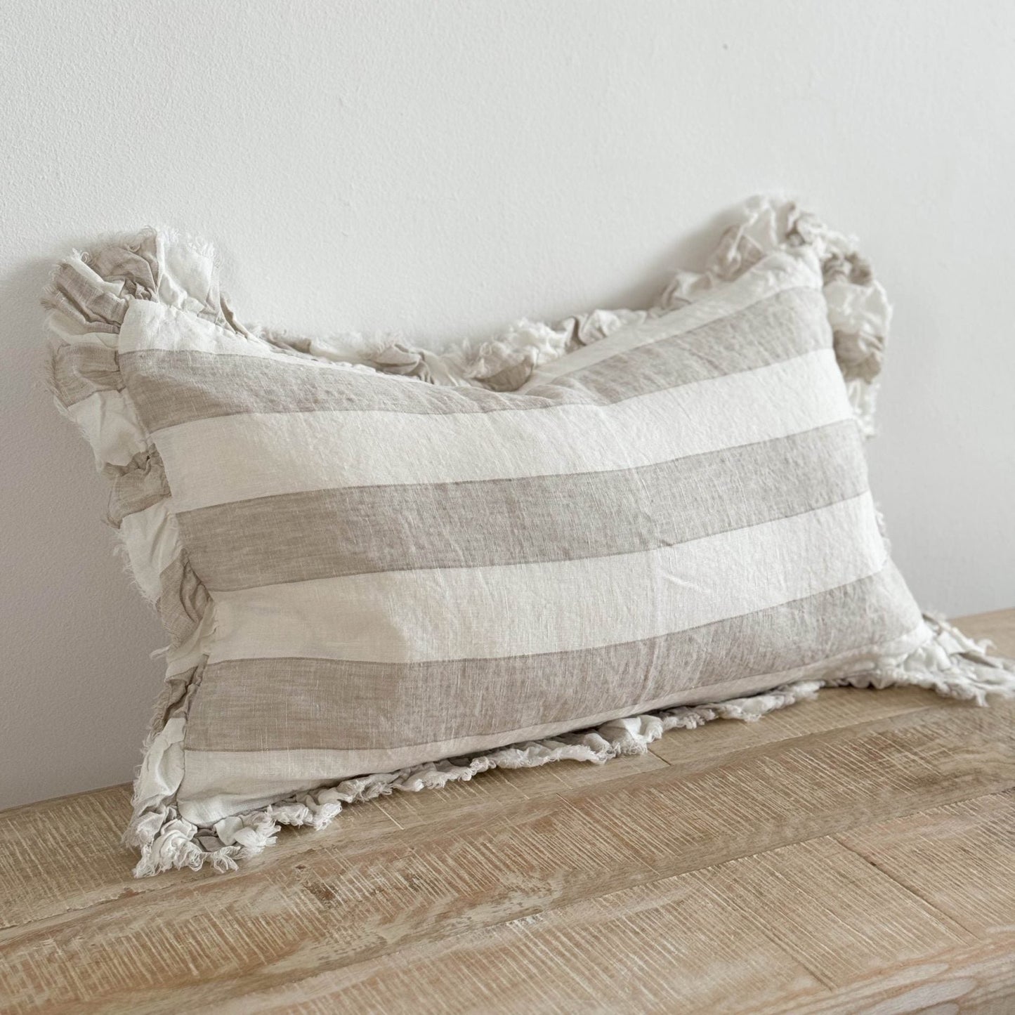 Rectangle Beige & Cream Wide Stripe Ruffled Linen Cushion