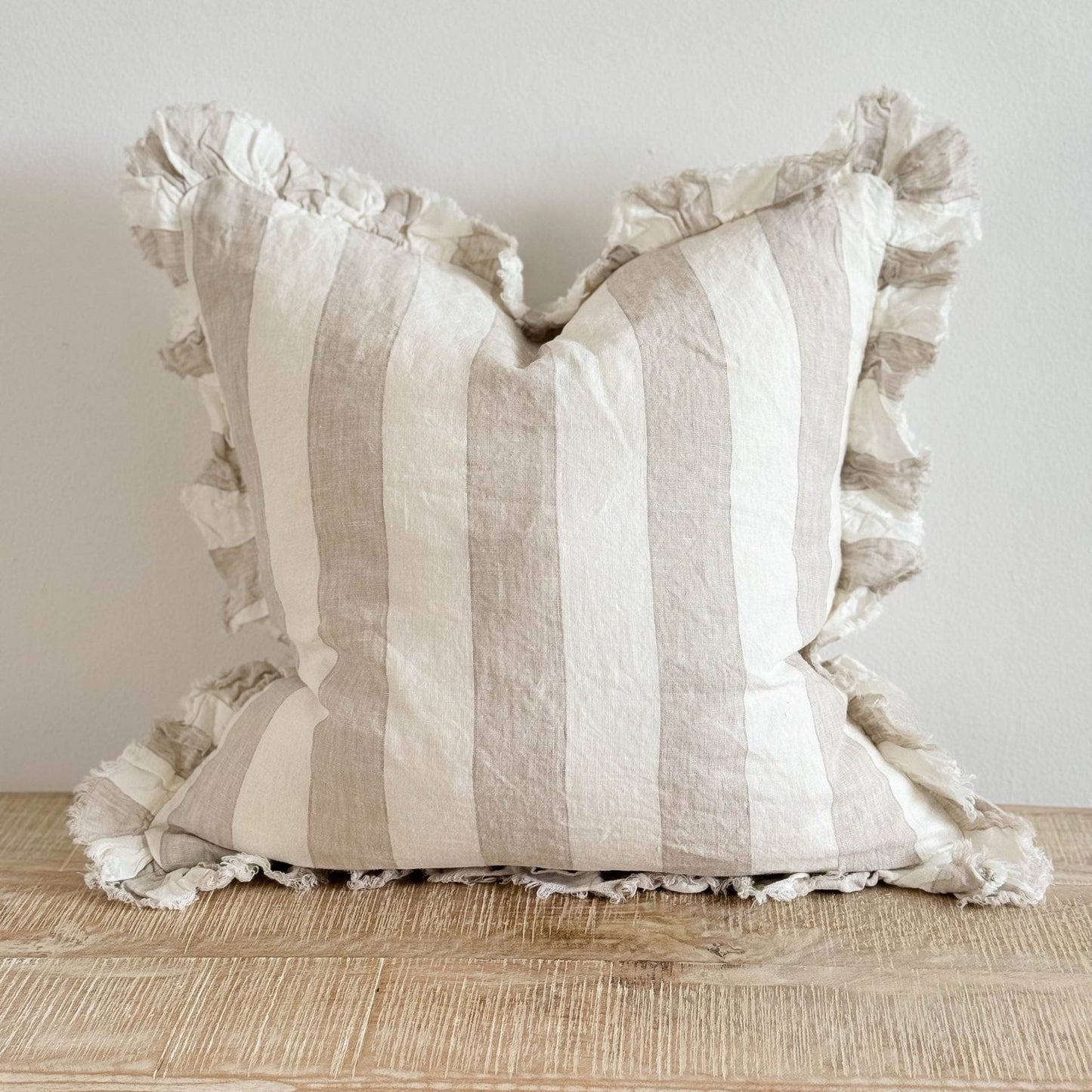 Beige & Cream Wide Stripe Ruffled Linen Cushion