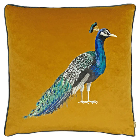 Saffron Velvet Peacock Cushion