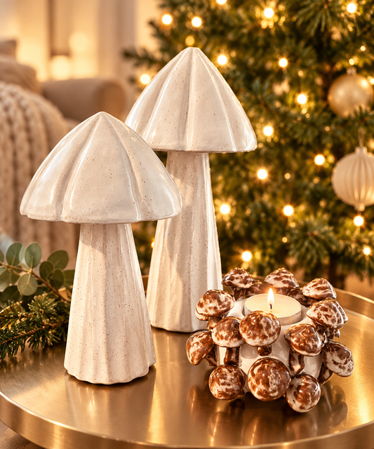 Set of 2 Matt White Speckled Mushrooms