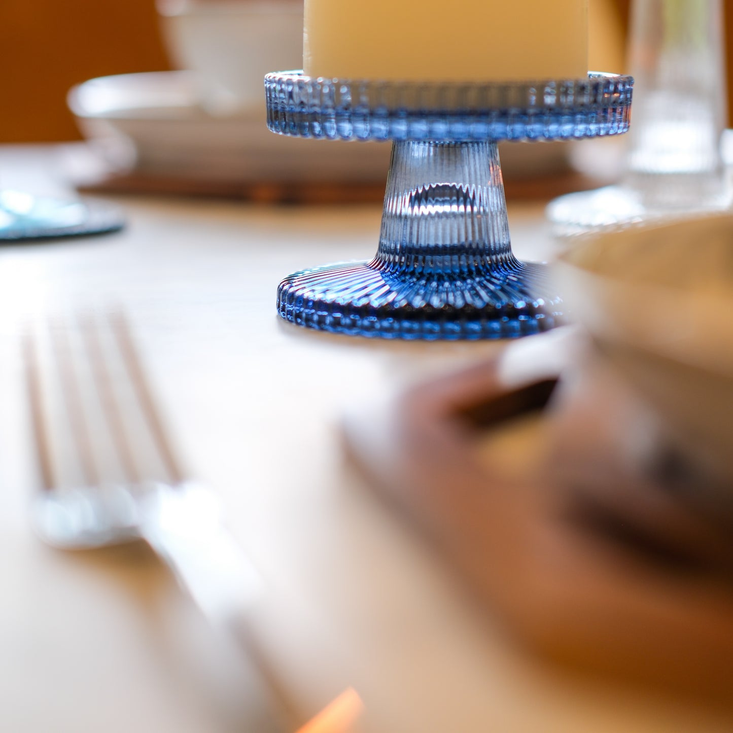 Short Blue Ribbed Candle Holder