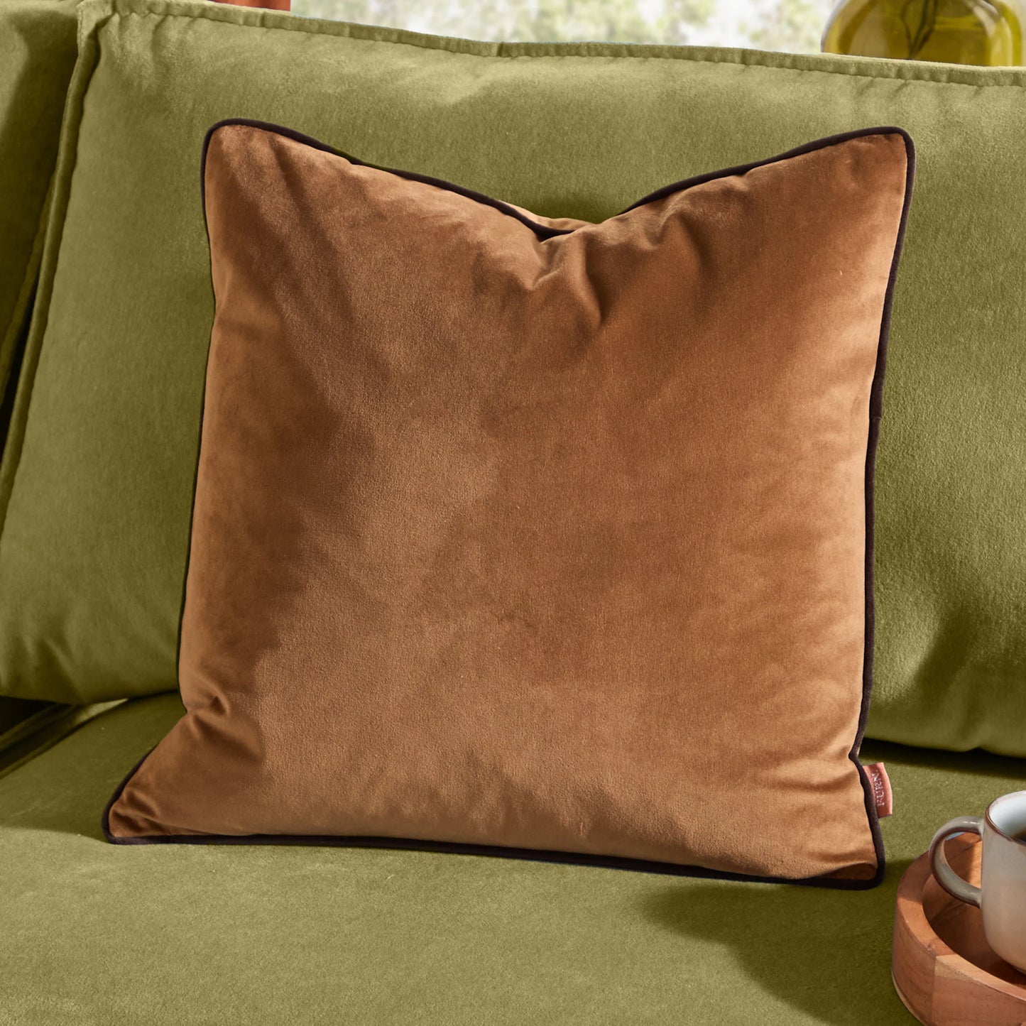 Small Piped Velvet Cushion –  Caramel with Chocolate Trim