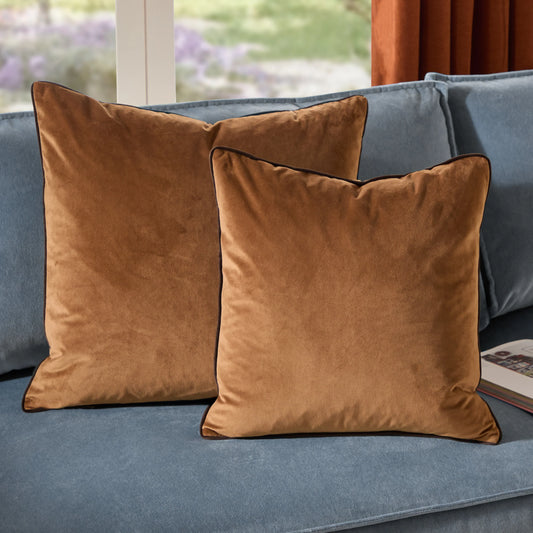 Small Piped Velvet Cushion –  Caramel with Chocolate Trim