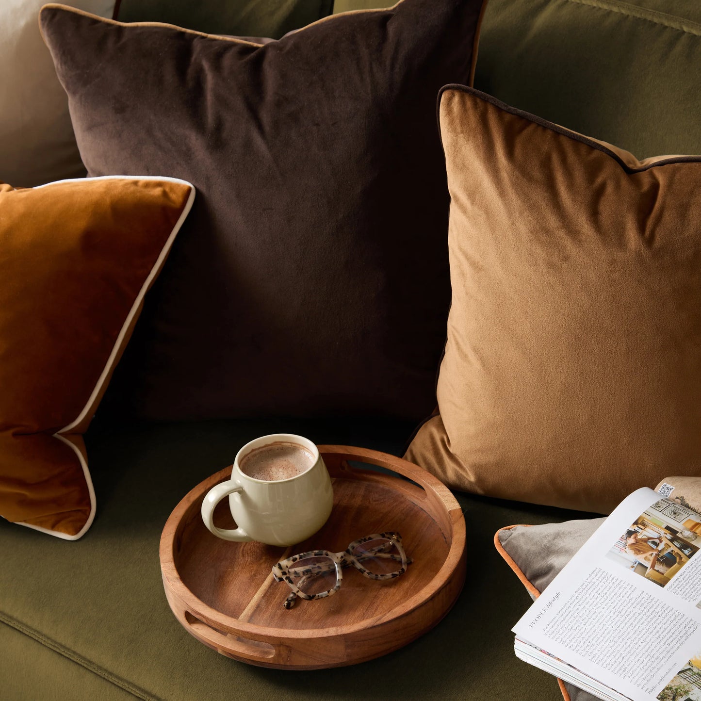 Small Piped Velvet Cushion –  Caramel with Chocolate Trim
