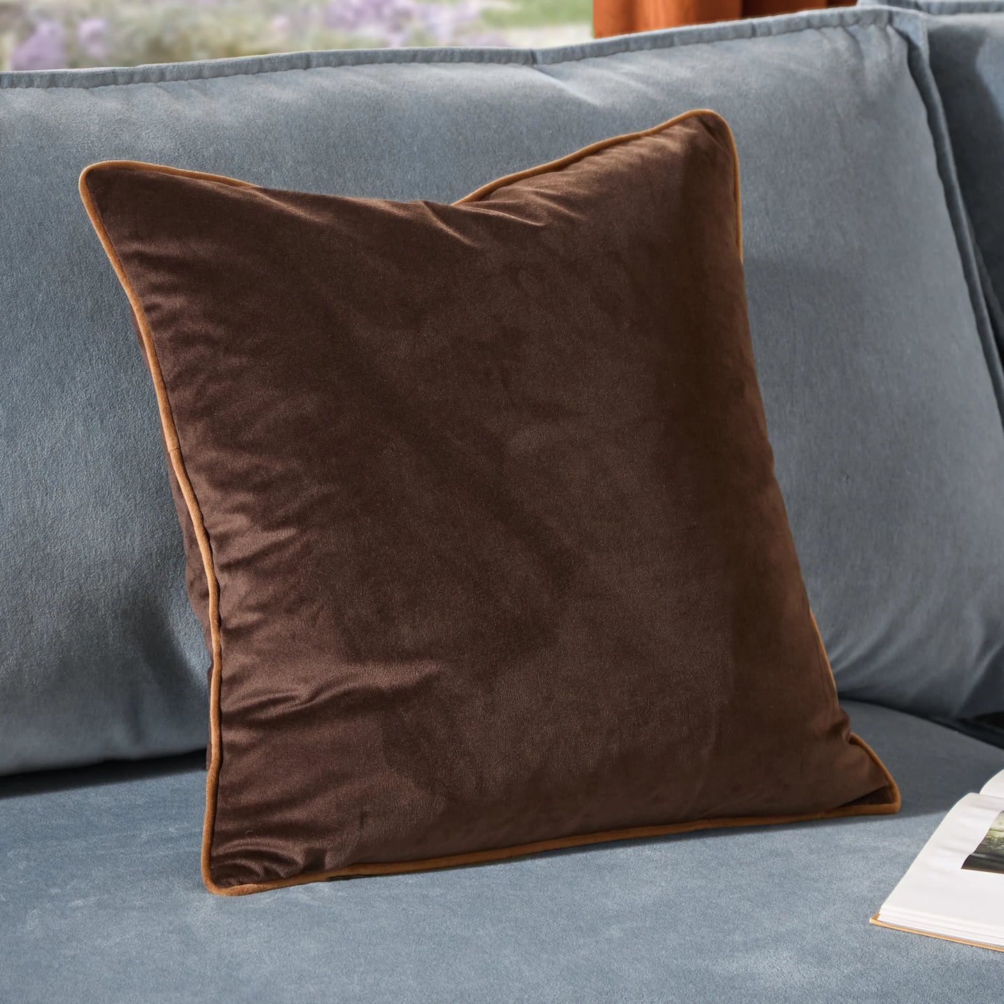 Small Piped Velvet Cushion –  Chocolate with Caramel Trim