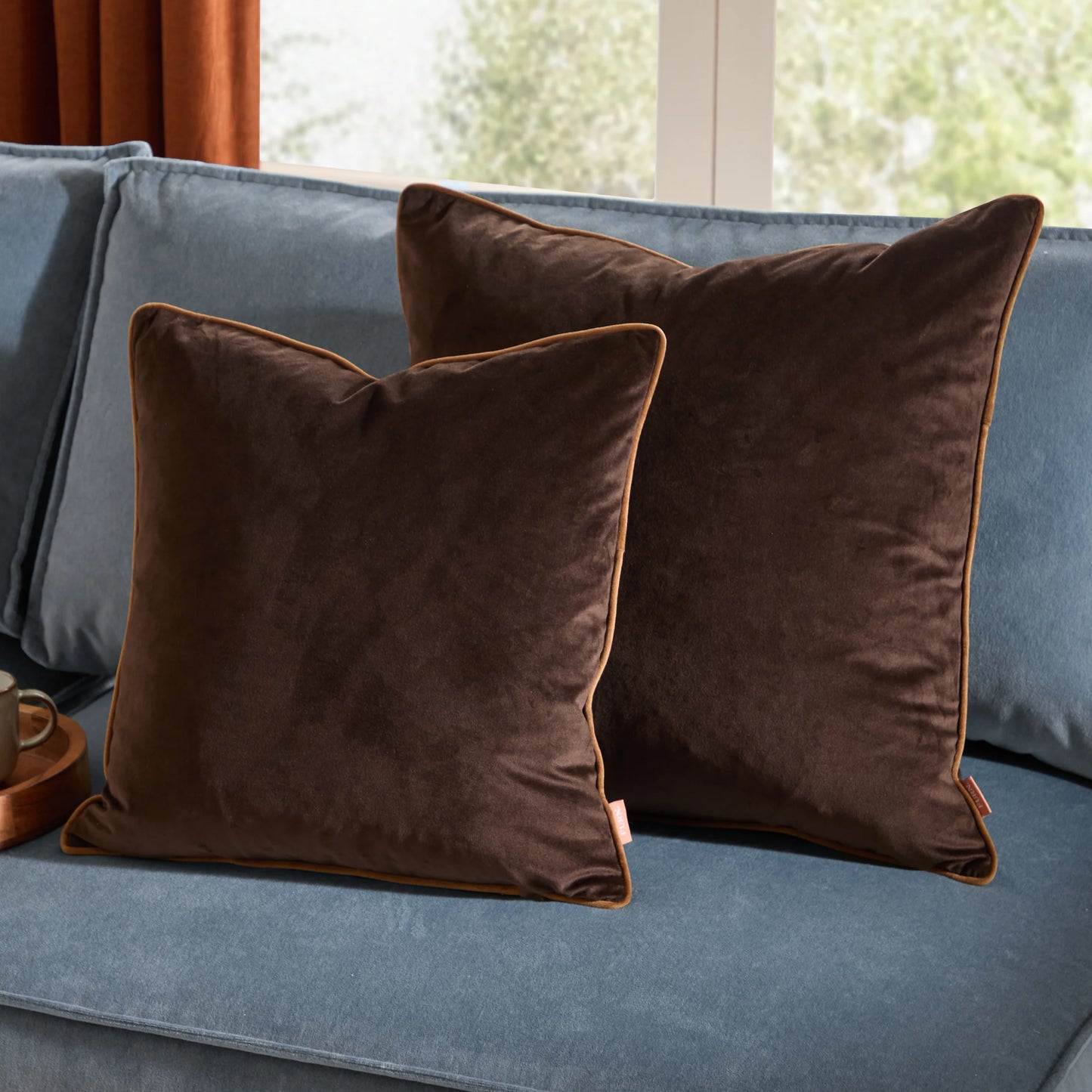 Small Piped Velvet Cushion –  Chocolate with Caramel Trim