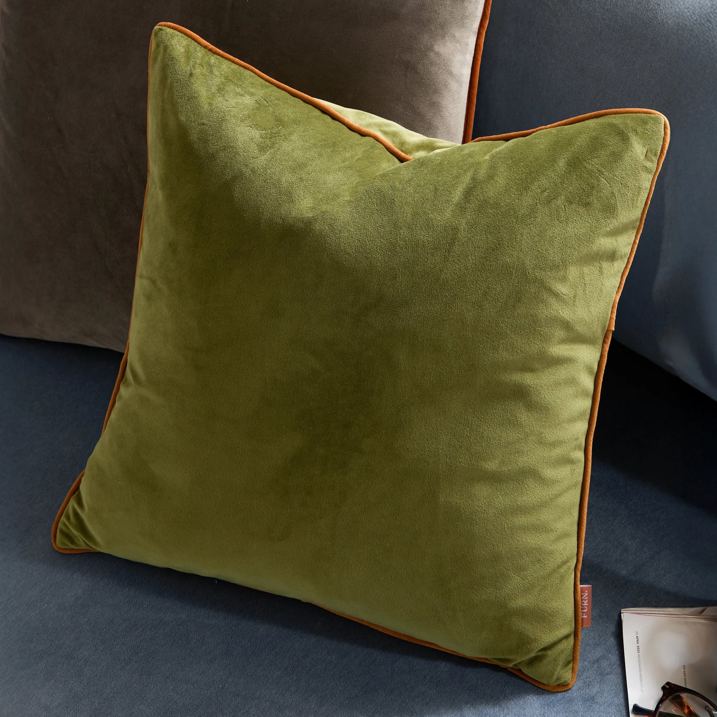 Small Piped Velvet Cushion –  Olive with Ginger Trim