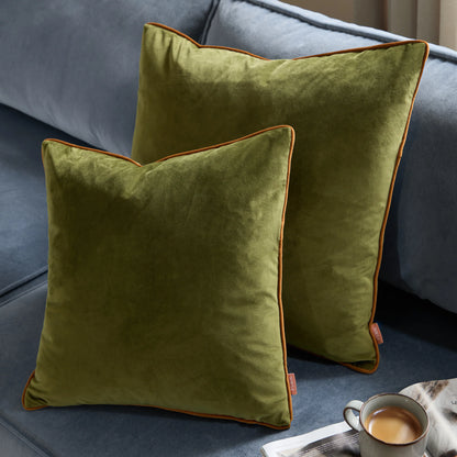 Small Piped Velvet Cushion –  Olive with Ginger Trim