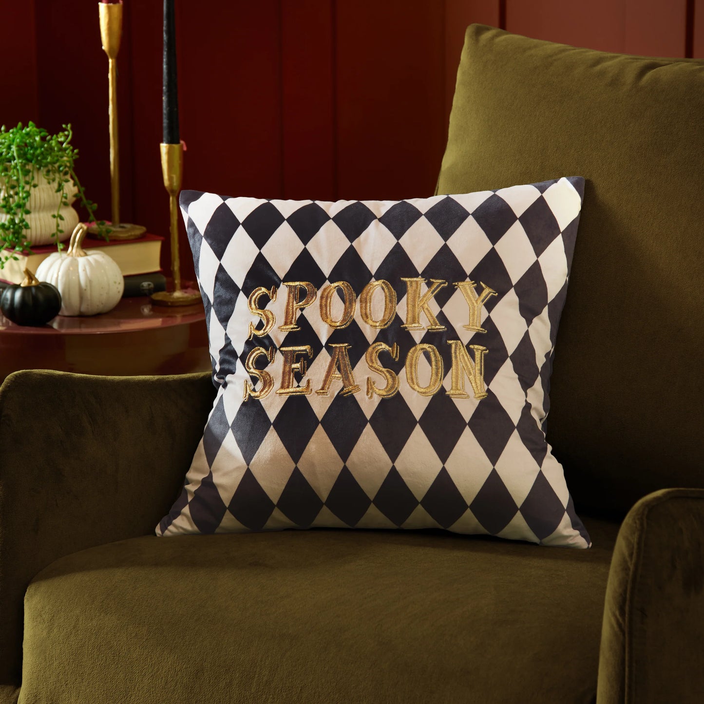 Spooky Season Velvet Halloween Cushion - Black & White