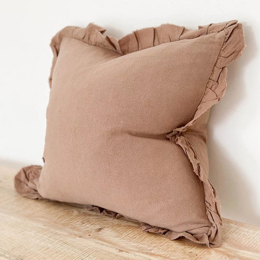 Taupe Ruffled Linen Cushion