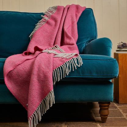 Tweedmill Herringbone Pure New Wool Throw Pink & Silver