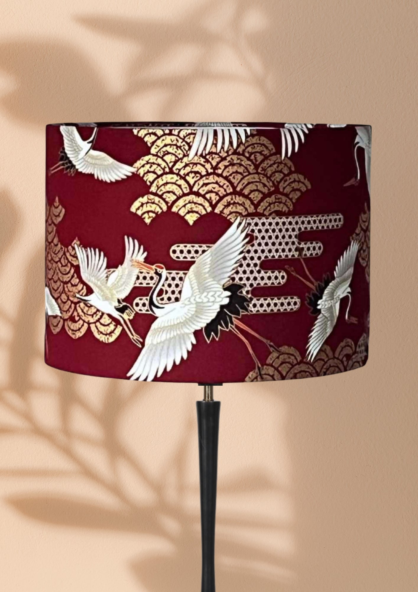 35cm Oriental Art Deco Japanese Cranes Red Drum Lampshade