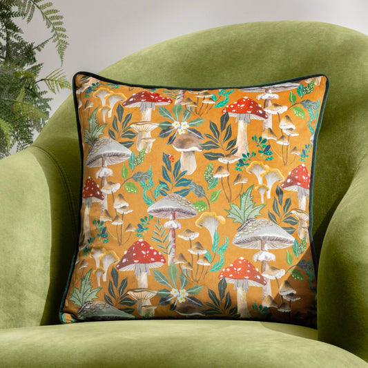 Wild Garden Mushroom Gold Cushion