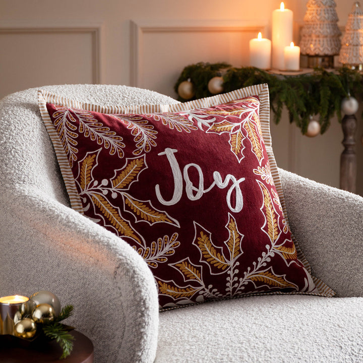 Joy Embroidered Christmas Cushion - Red