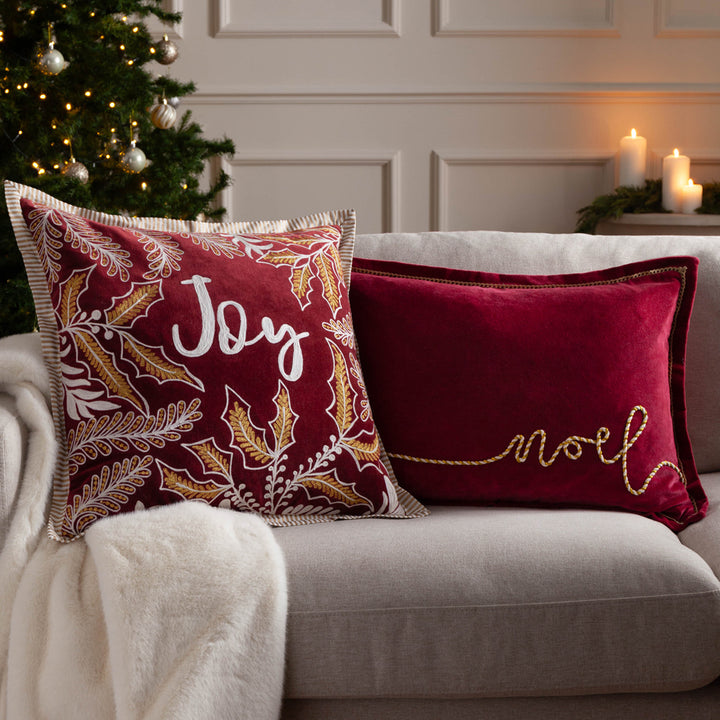 Joy Embroidered Christmas Cushion - Red