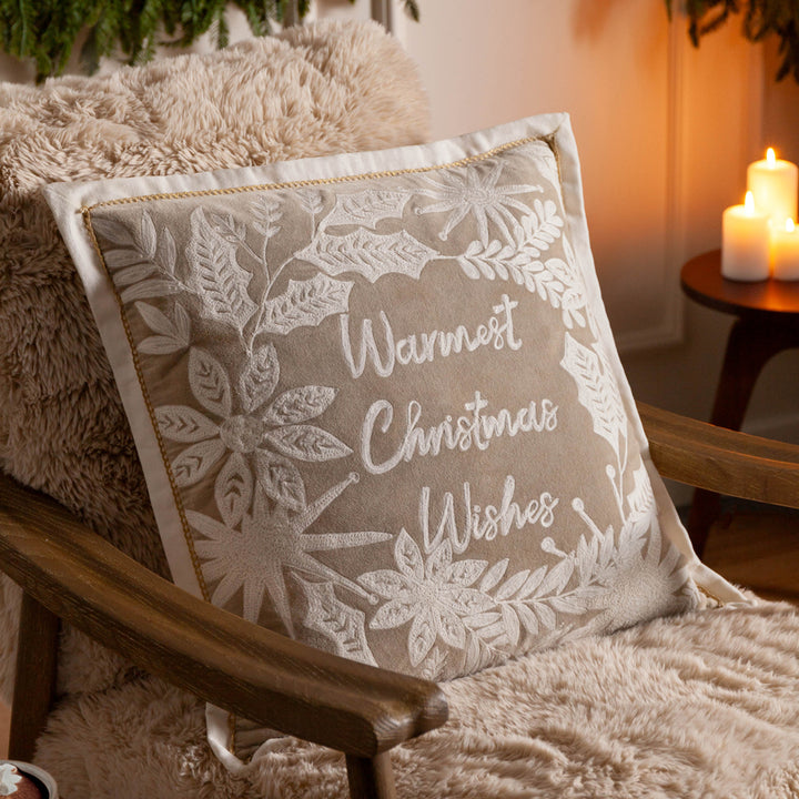 Warmest Wishes Embroidered Christmas Cushion - Natural