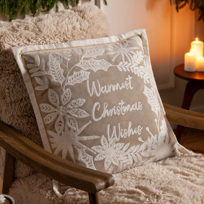 Warmest Wishes Embroidered Christmas Cushion - Natural