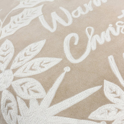 Warmest Wishes Embroidered Christmas Cushion - Natural