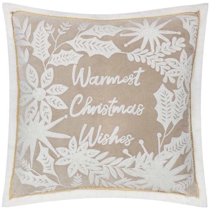 Warmest Wishes Embroidered Christmas Cushion - Natural