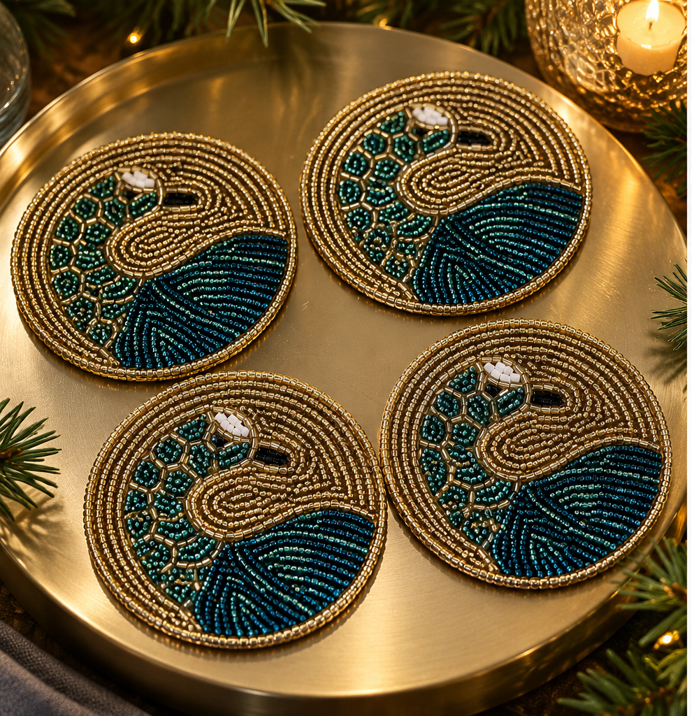 Set of 4 Turquoise Peacock Beaded Coasters