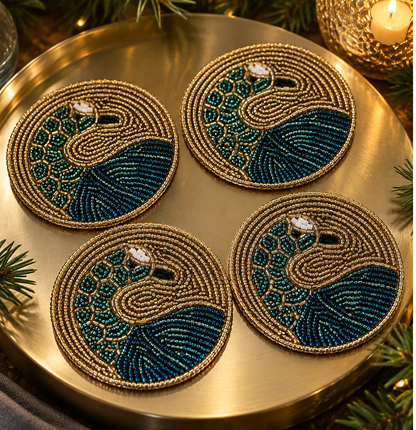 Set of 4 Turquoise Peacock Beaded Coasters